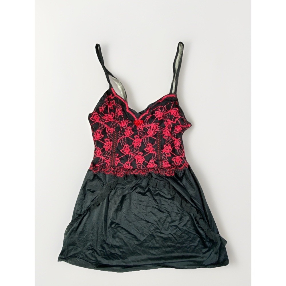 Vintage Nan Flower Babydoll Lingerie Dress Womens Medium Black Lace Ruffle Trim